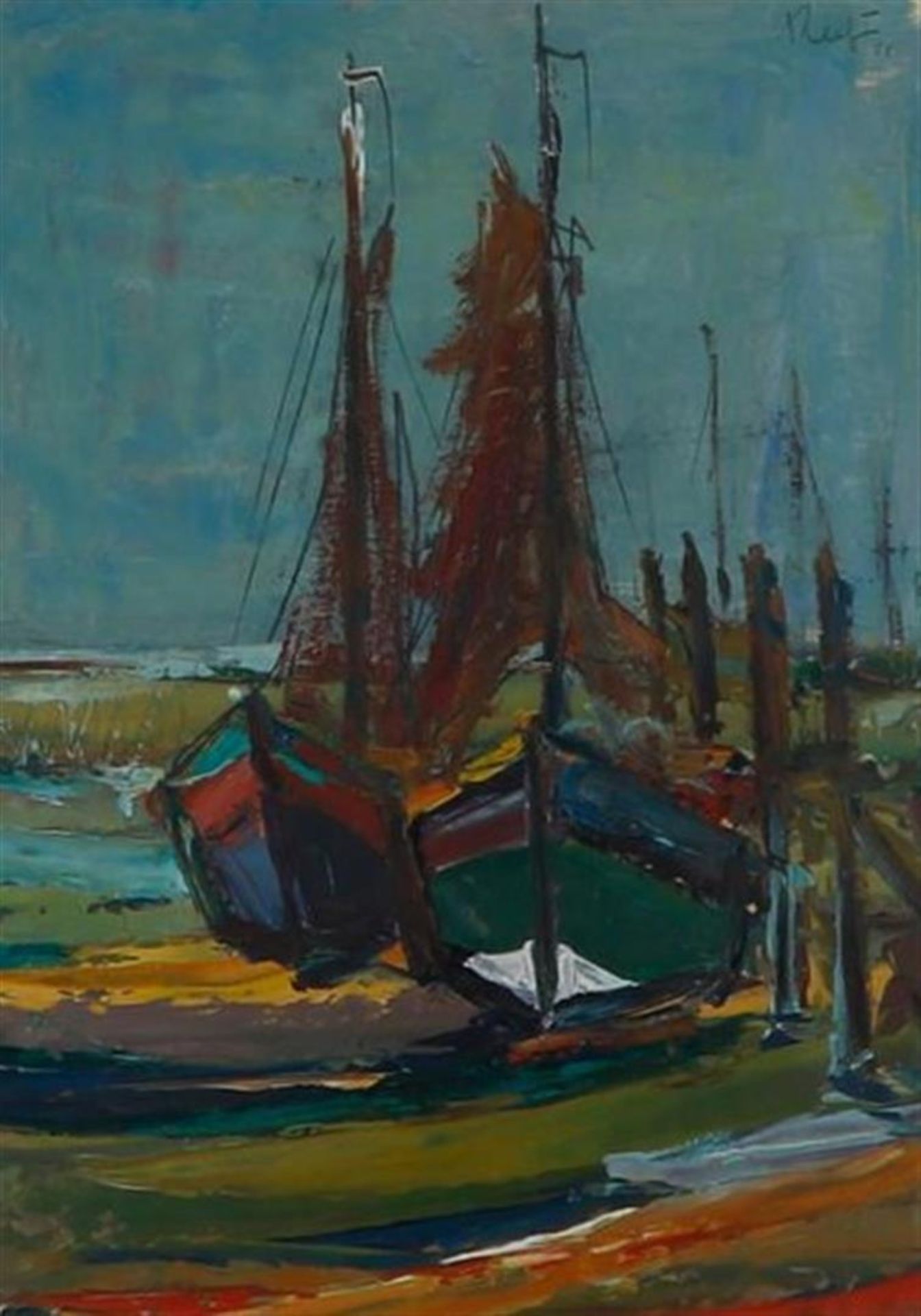 Belgian expressionist, ca. 1950 - 1960, Fishing ships in the harbor, signed "Reyniers" (top right), 