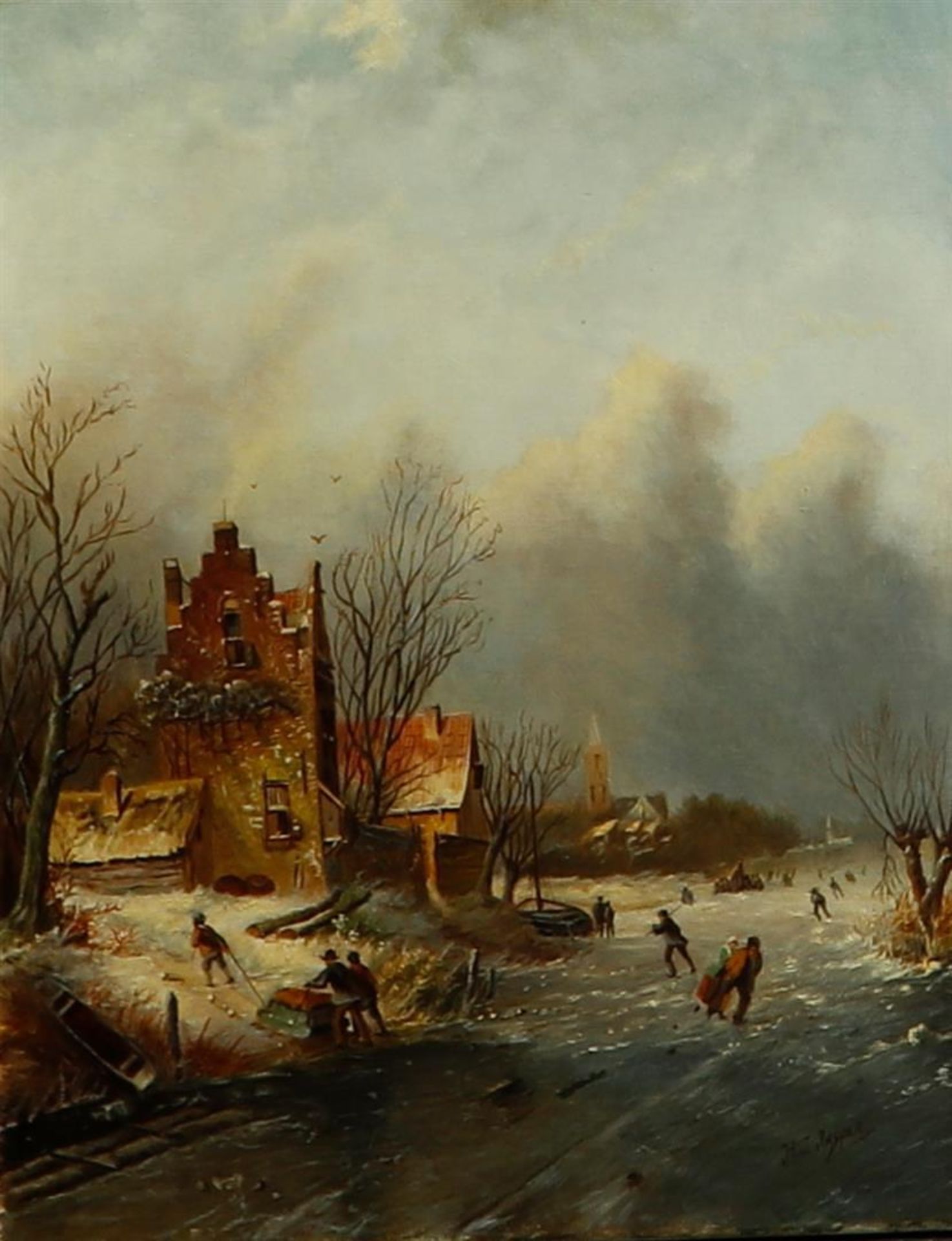 Jan Hendrik Jacob Jasper (1937 - present), A Dutch winter landscape with figures on the ice. Signed 