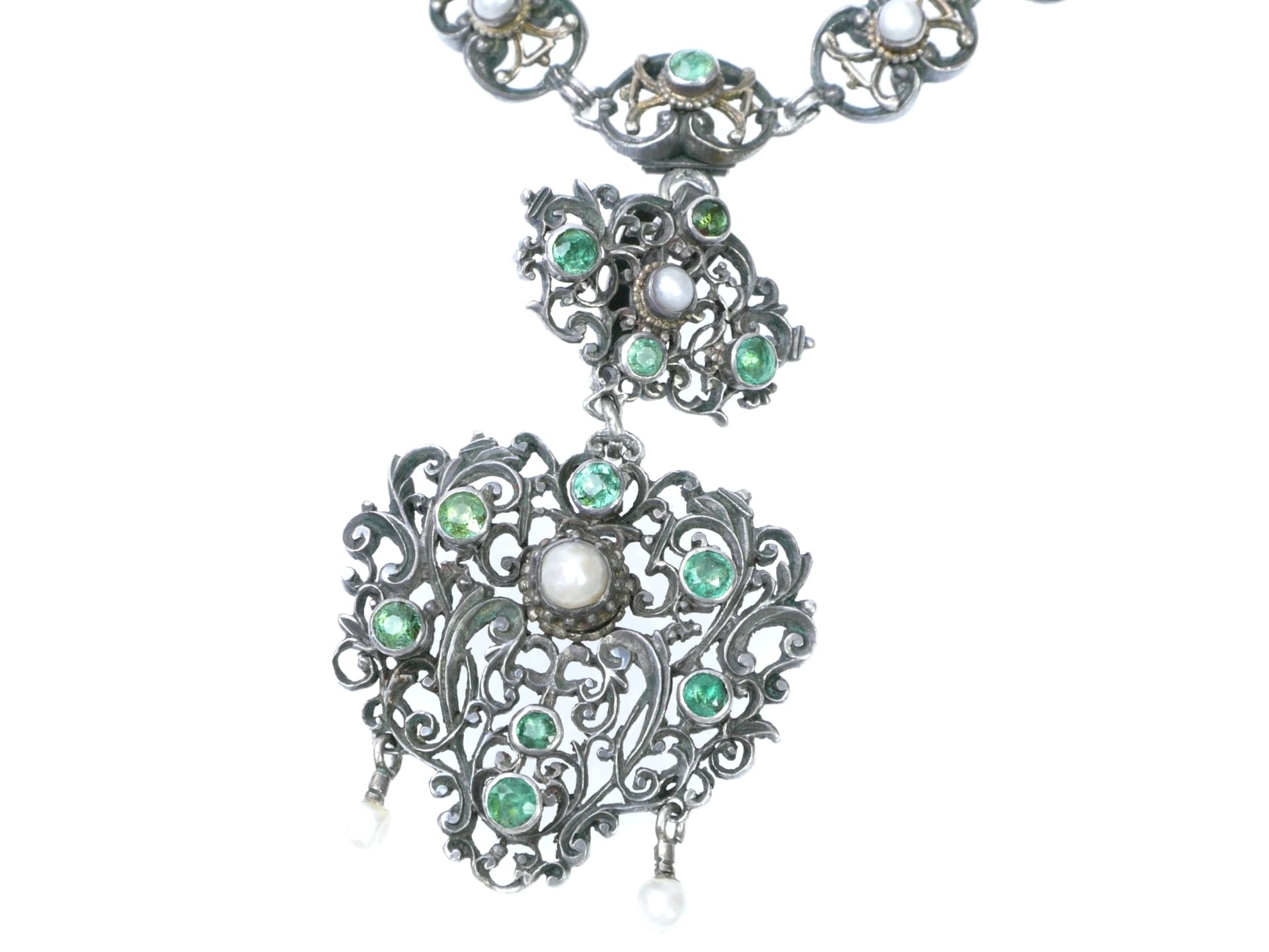 Neorenaissance Collier mit Anhänger Silber und Perlen um 1880