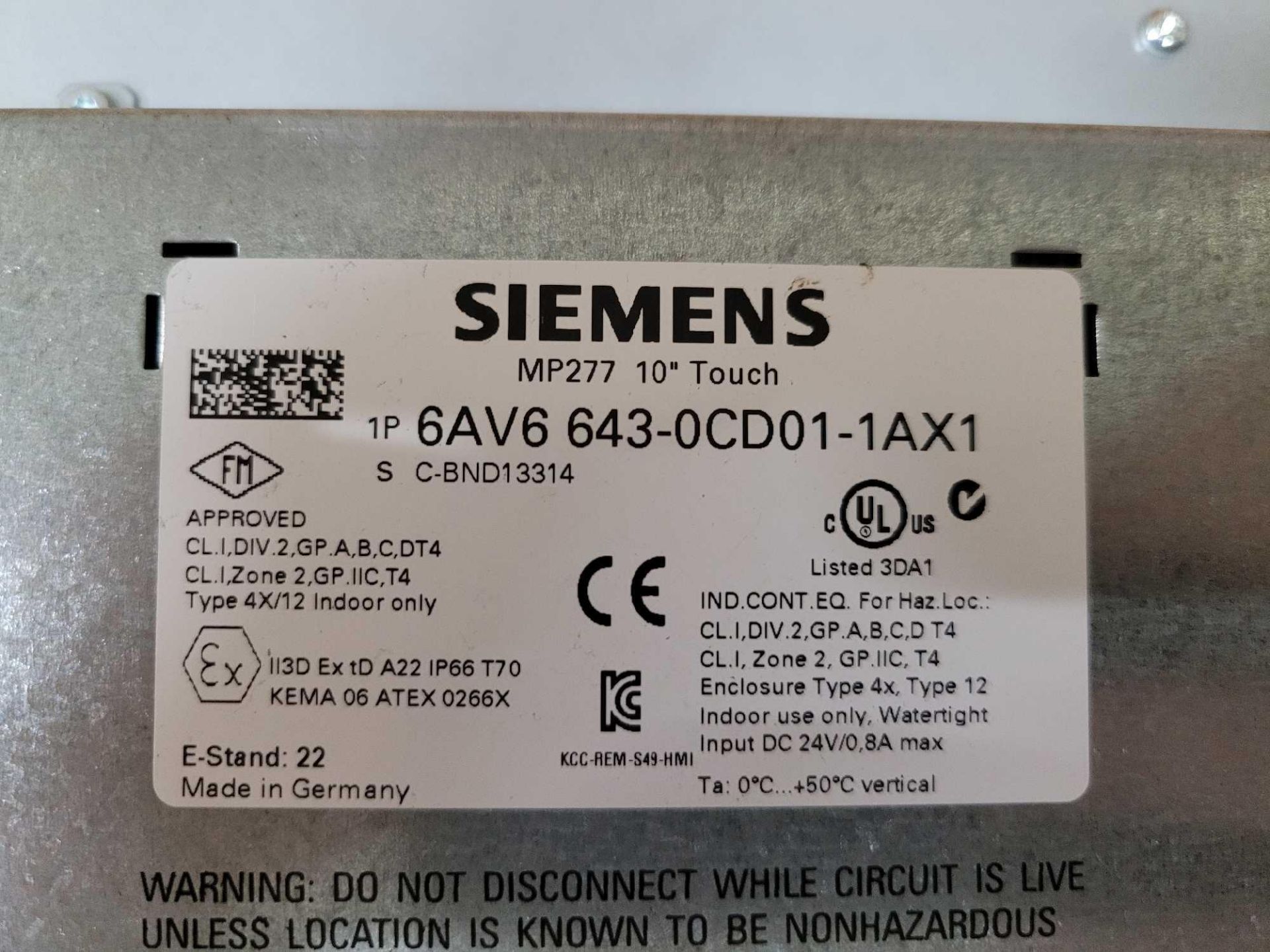 SIEMENS 6AV6 643-0CD01-1AX1 MP277 10" TOUCH SIMATIC MULTI PANEL SEE PICS SCRATCHED - Image 3 of 3