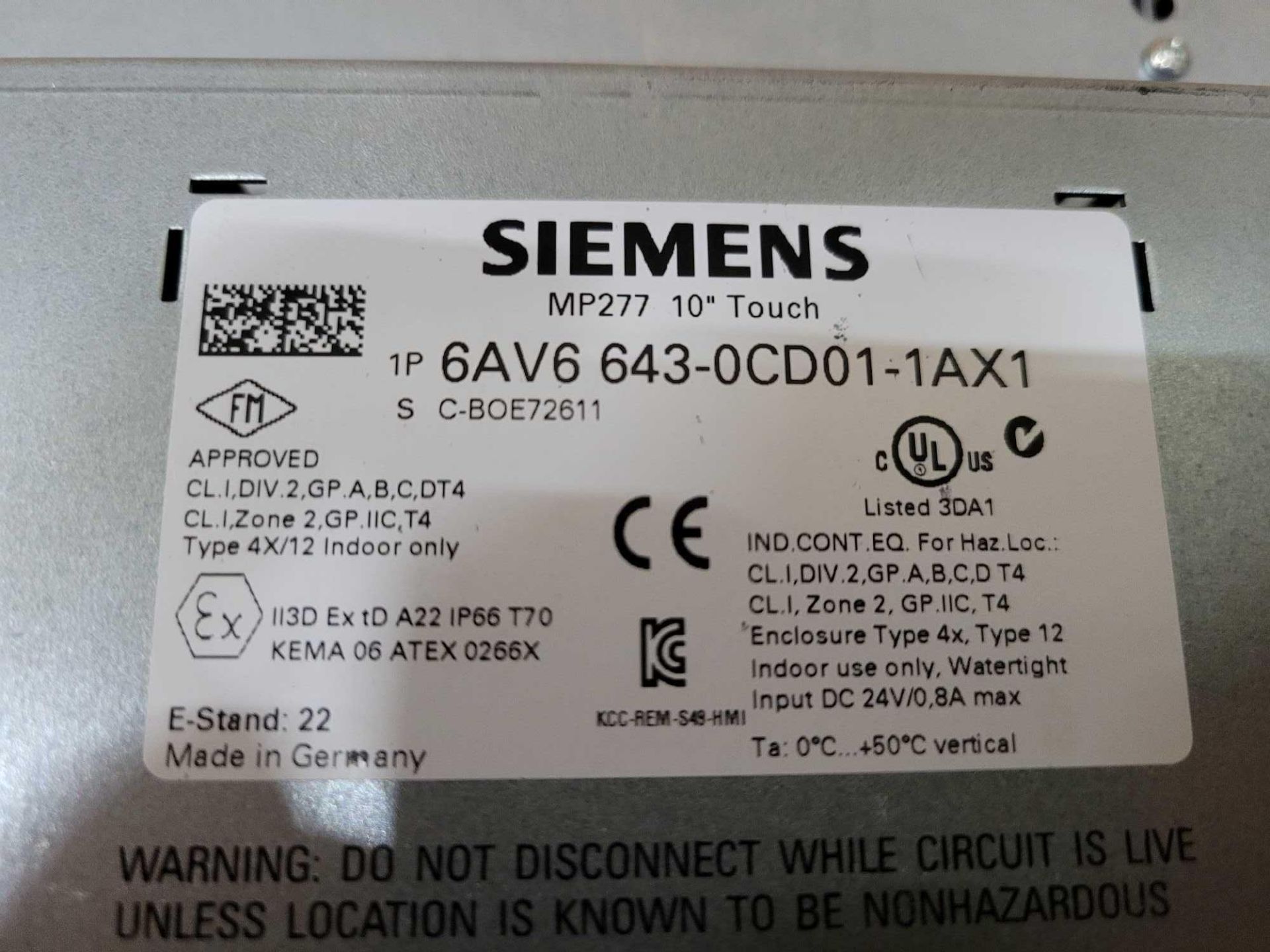 SIEMENS 6AV6 643-0CD01-1AX1 MP277 10" TOUCH SIMATIC MULTI PANEL - Image 3 of 3