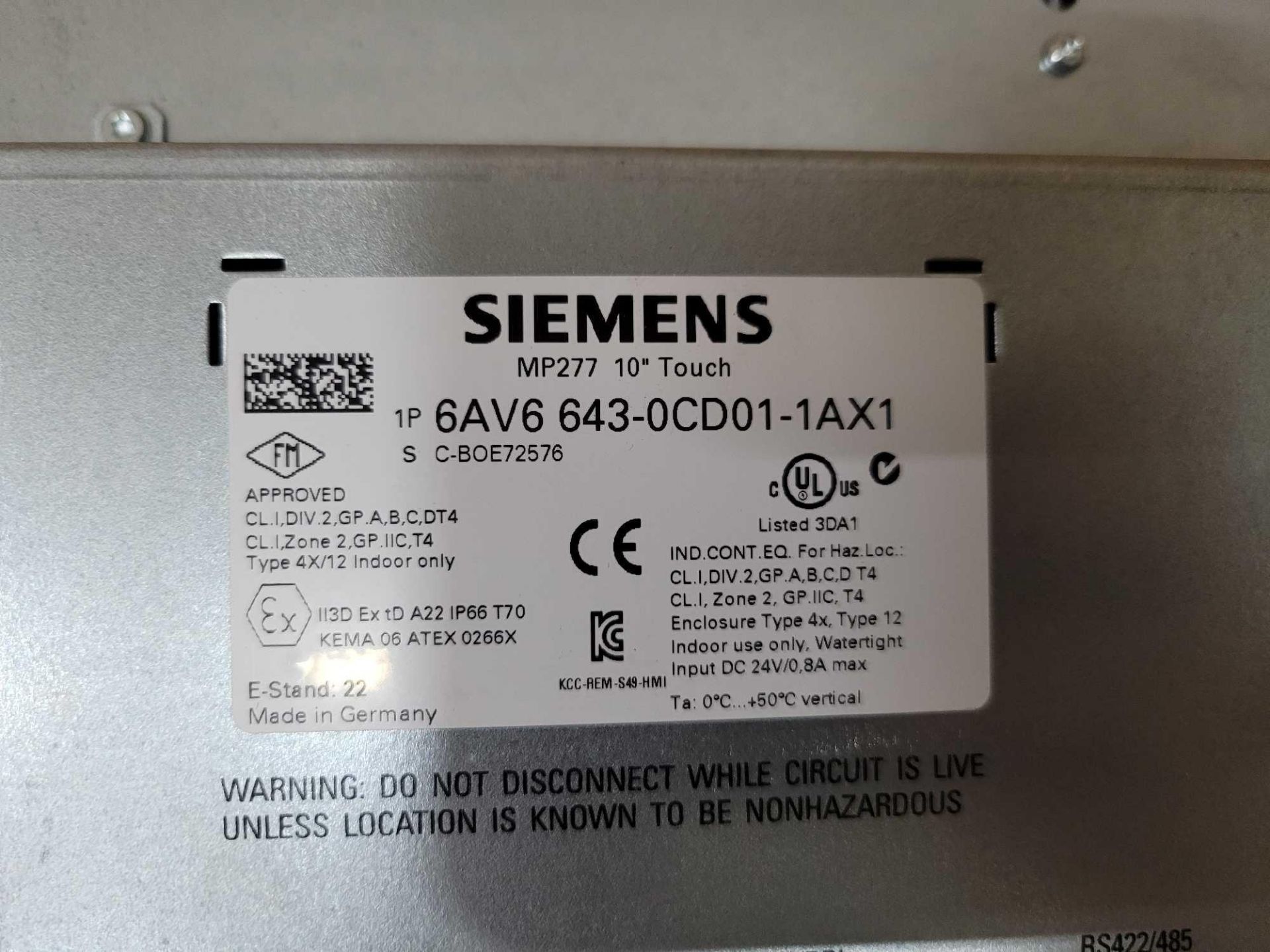 SIEMENS 6AV6 643-0CD01-1AX1 MP277 10" TOUCH SIMATIC MULTI PANEL - Image 3 of 3