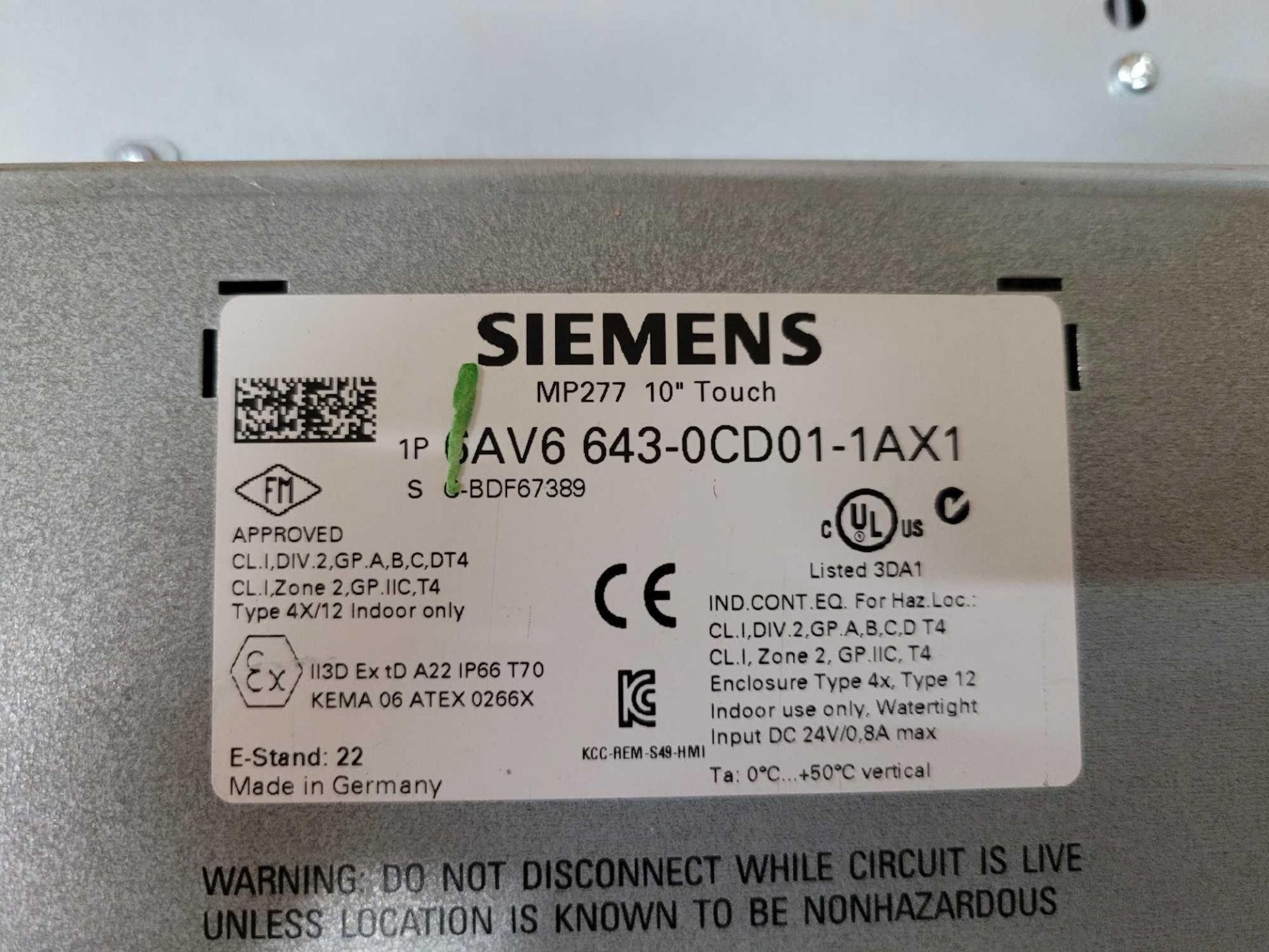 SIEMENS 6AV6 643-0CD01-1AX1 MP277 10" TOUCH SIMATIC MULTI PANEL SEE PICS SCRATCHED - Image 3 of 3