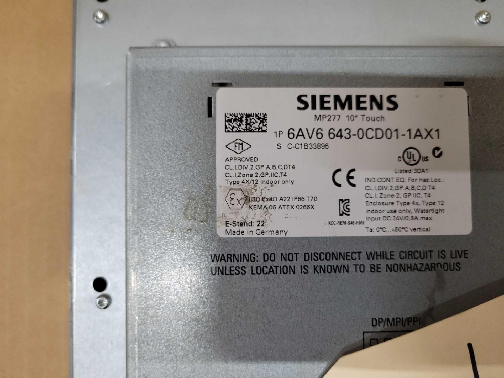 SIEMENS 6AV6 643-0CD01-1AX1 MP277 10" TOUCH SIMATIC MULTI PANEL - Image 3 of 3