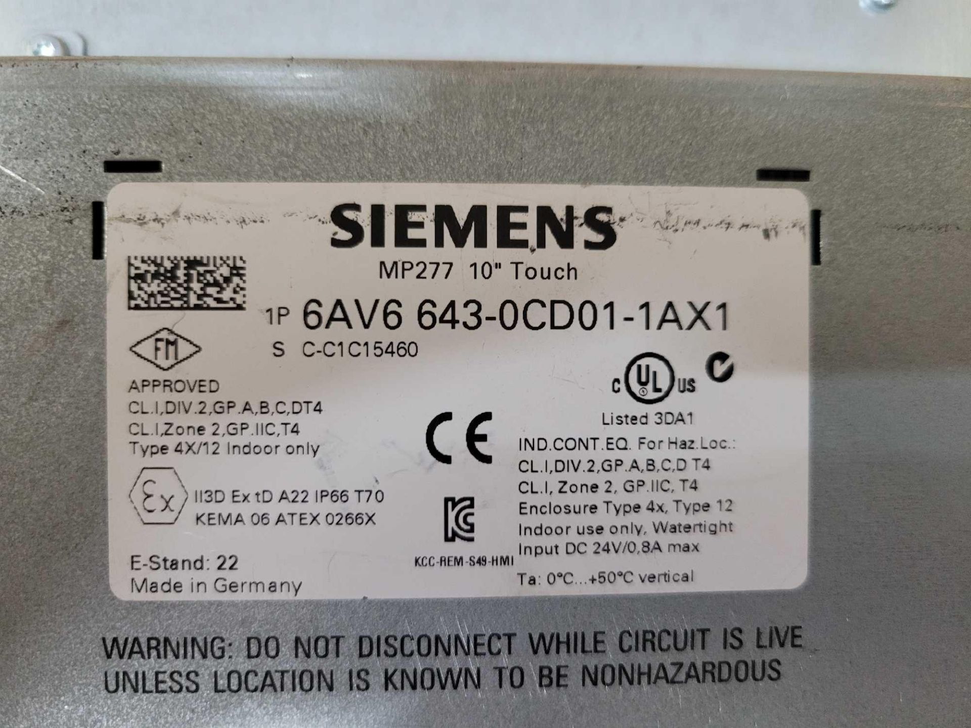 SIEMENS 6AV6 643-0CD01-1AX1 MP277 10" TOUCH SIMATIC MULTI PANEL - Image 3 of 3