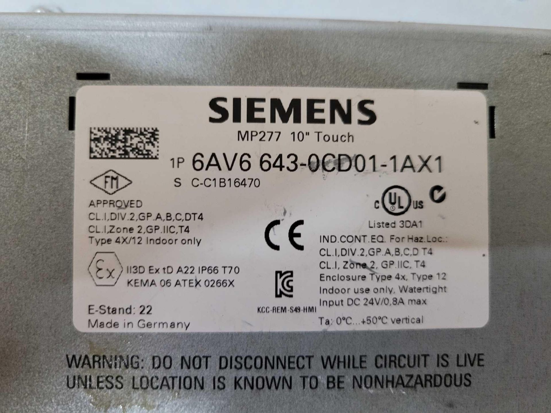 SIEMENS 6AV6 643-0CD01-1AX1 MP277 10" TOUCH SIMATIC MULTI PANEL - Image 3 of 3