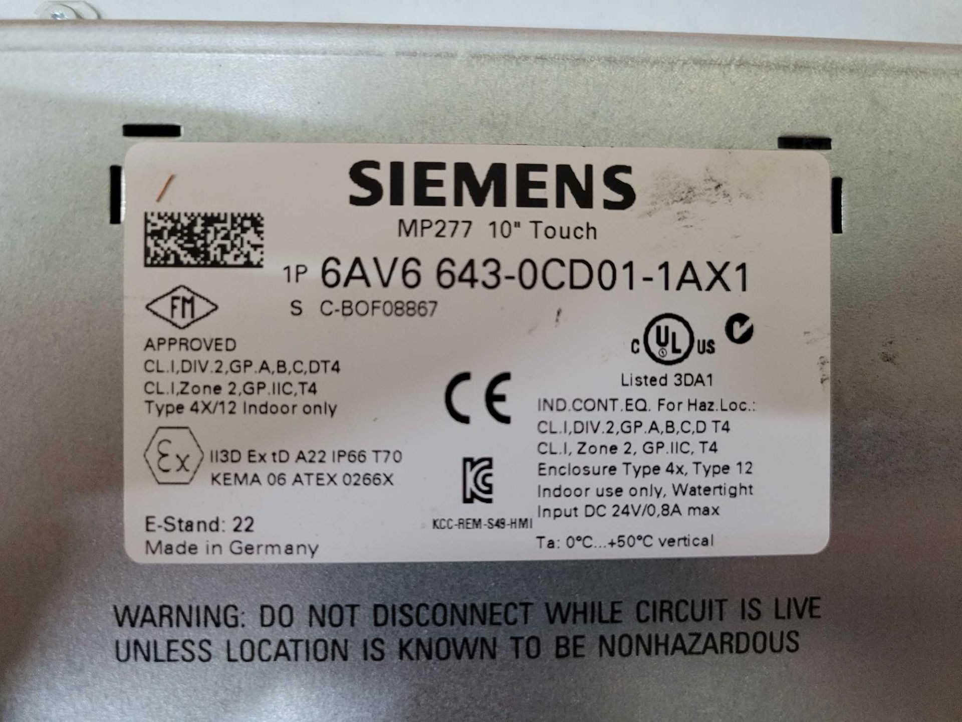 SIEMENS 6AV6 643-0CD01-1AX1 MP277 10" TOUCH SIMATIC MULTI PANEL - Image 3 of 3