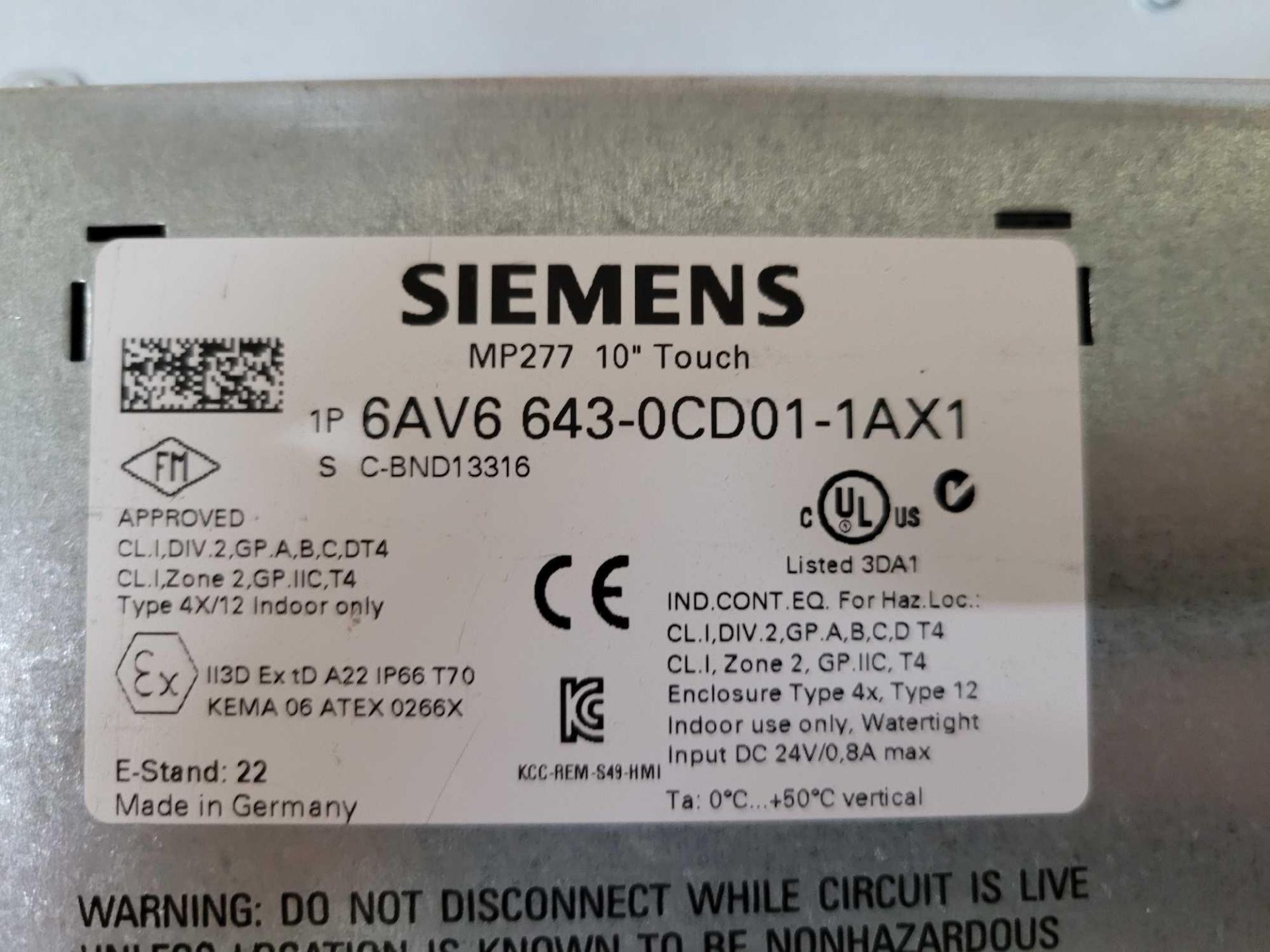 SIEMENS 6AV6 643-0CD01-1AX1 MP277 10" TOUCH SIMATIC MULTI PANEL SEE PICS SCRATCHED - Image 3 of 3