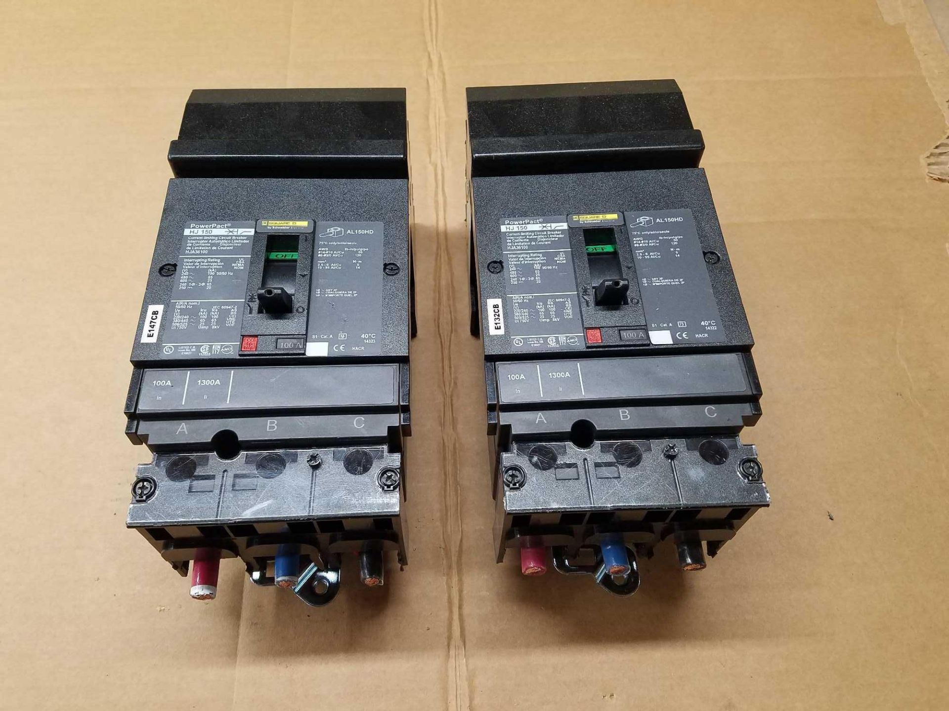 LOT OF 2 SQUARE D HJA36100 PowerPact HJ 150 CIRCUT LIMITING CIRCUIT BREAKER 100AMP