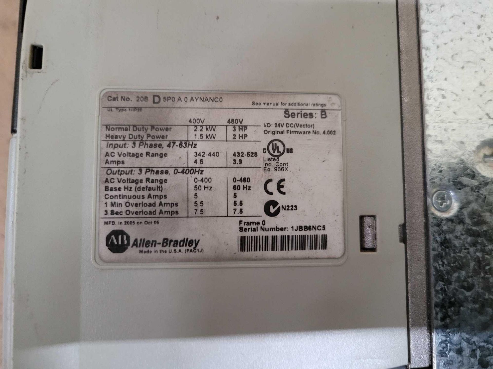 ALLEN BRADLEY 20BD5POA0AYNANC0 /B PowerFlex 700 AC DRIVE - Image 3 of 3