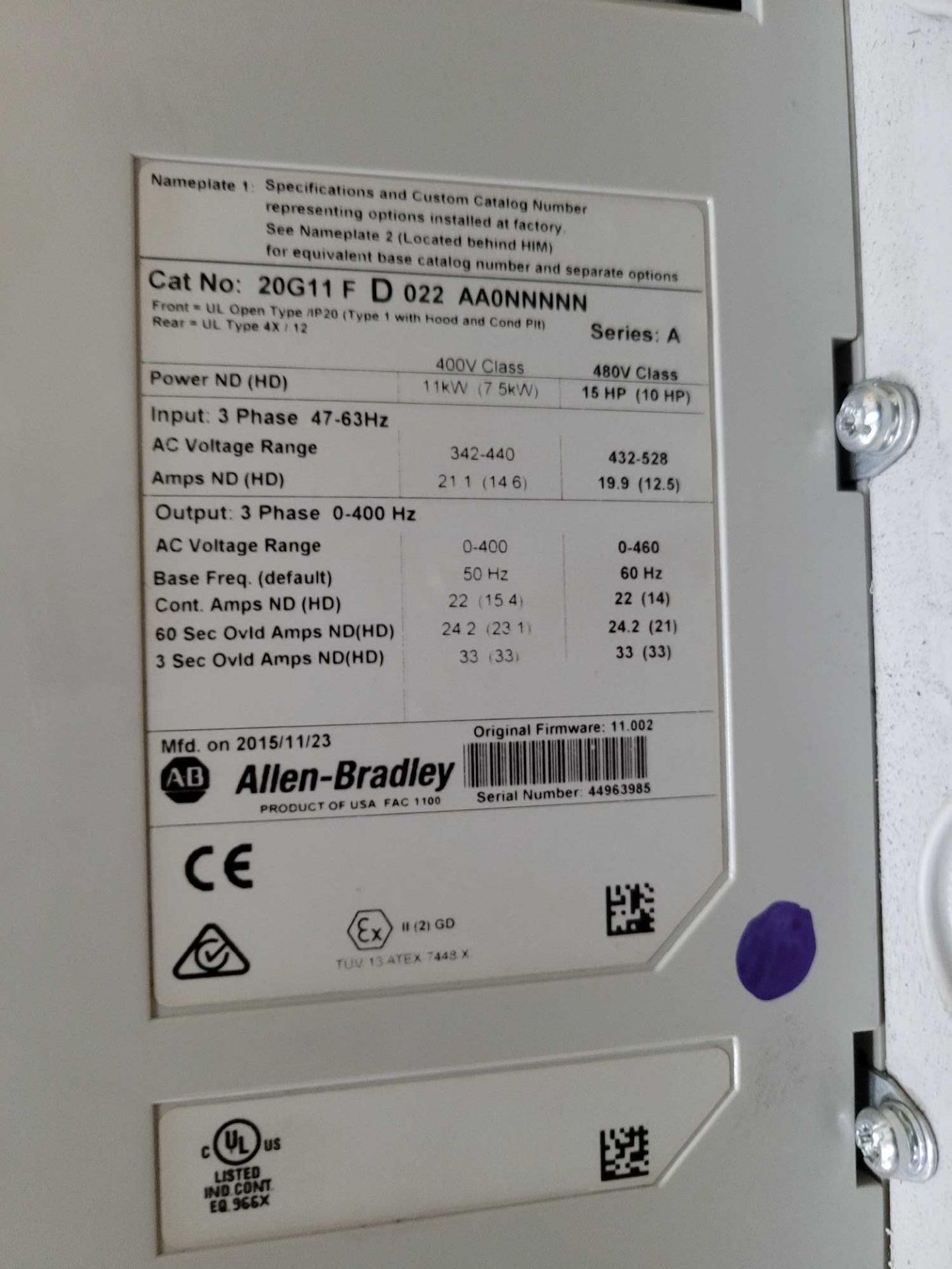 ALLEN BRADLEY 20G11FD022AA0NNNNN /A PowerFlex 755 AC DRIVE - Image 3 of 3