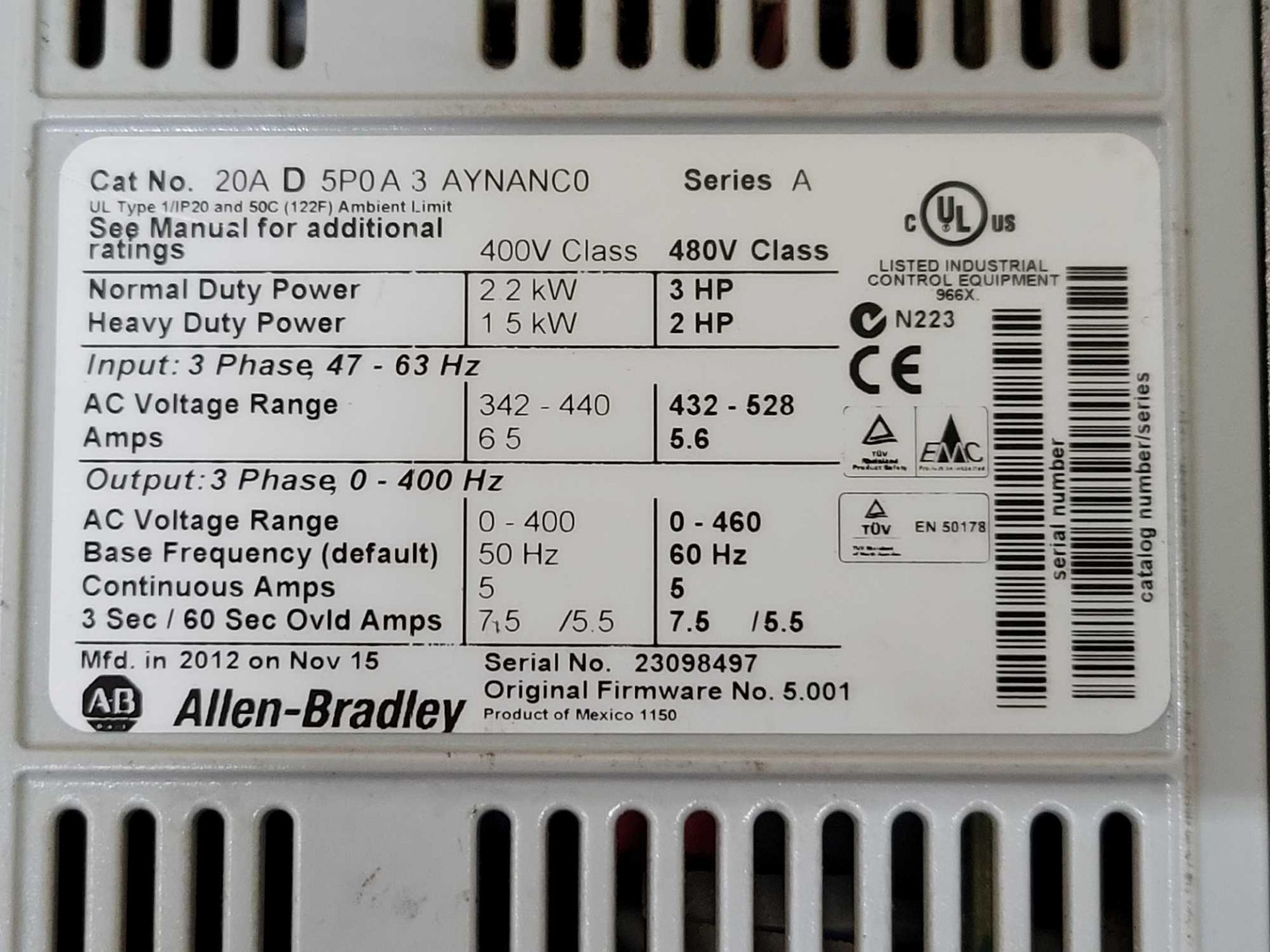 ALLEN BRADLEY 20AD5P0A3AYNANC0 /A PowerFlex 70 AC DRIVE - Bild 2 aus 3