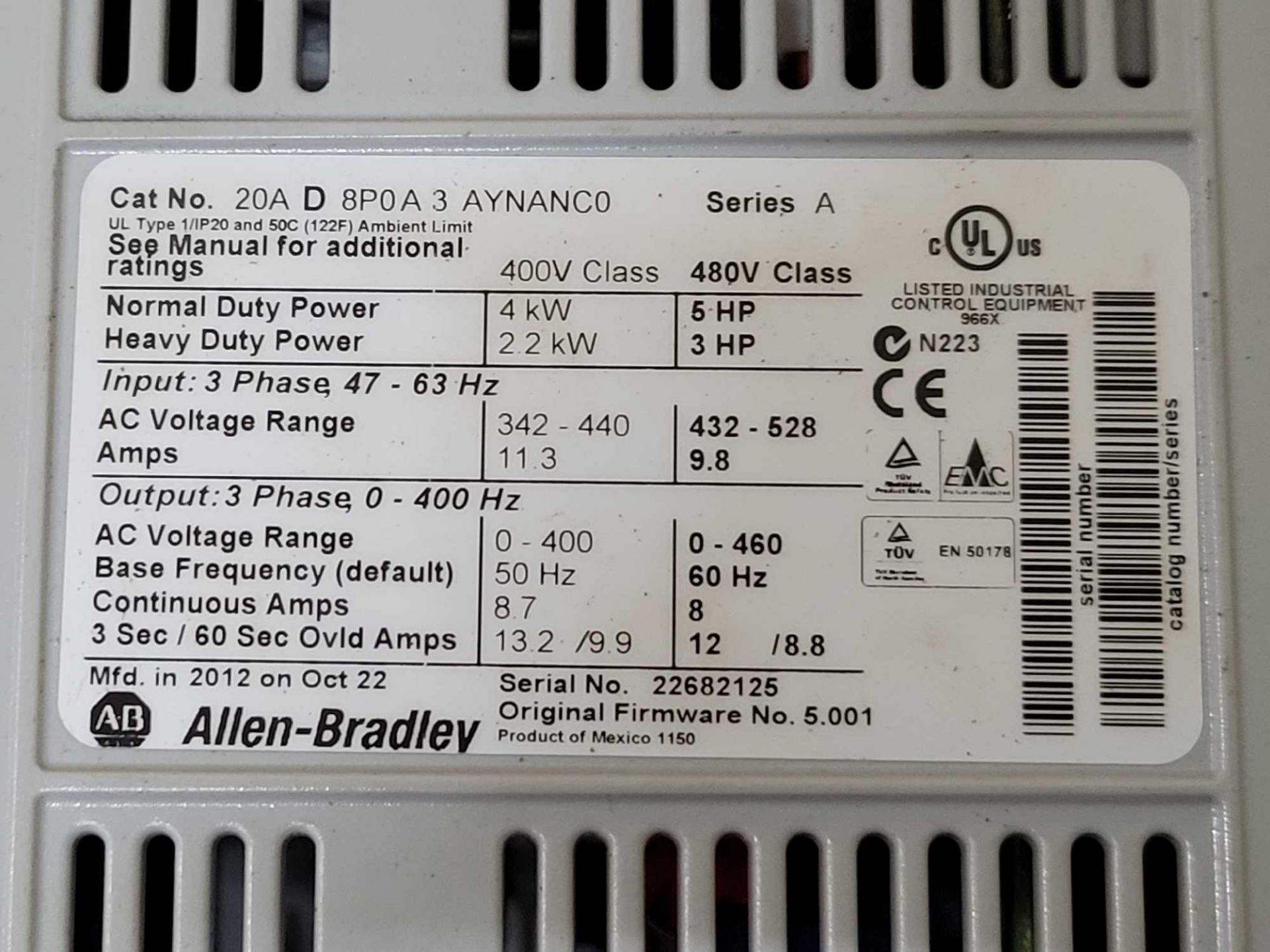 ALLEN BRADLEY 20AD8P0A3AYNANC0 /A PowerFlex 70 AC DRIVE - Image 2 of 3