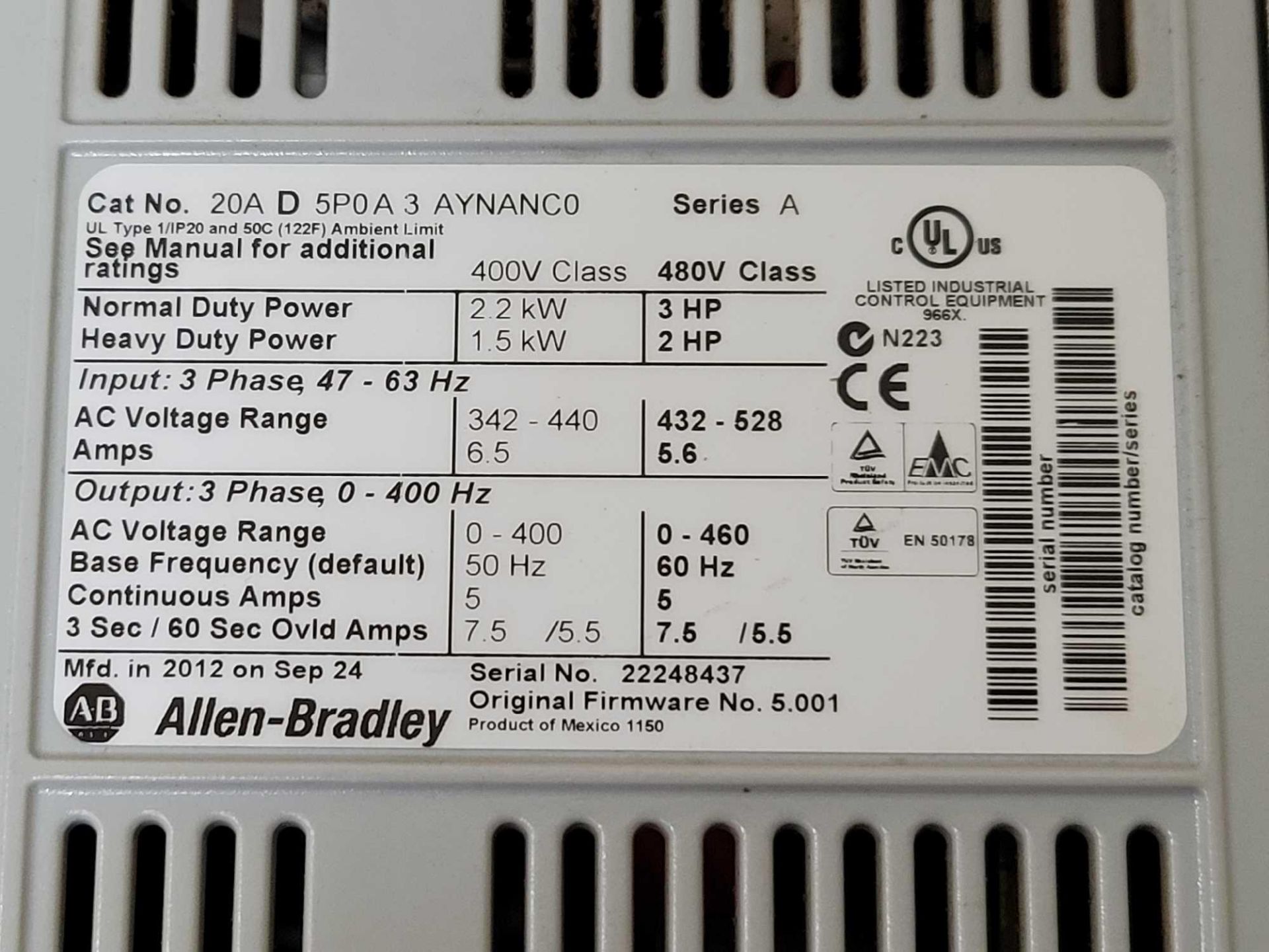 ALLEN BRADLEY 20AD5P0A3AYNANC0 /A PowerFlex 70 AC DRIVE - Bild 2 aus 3