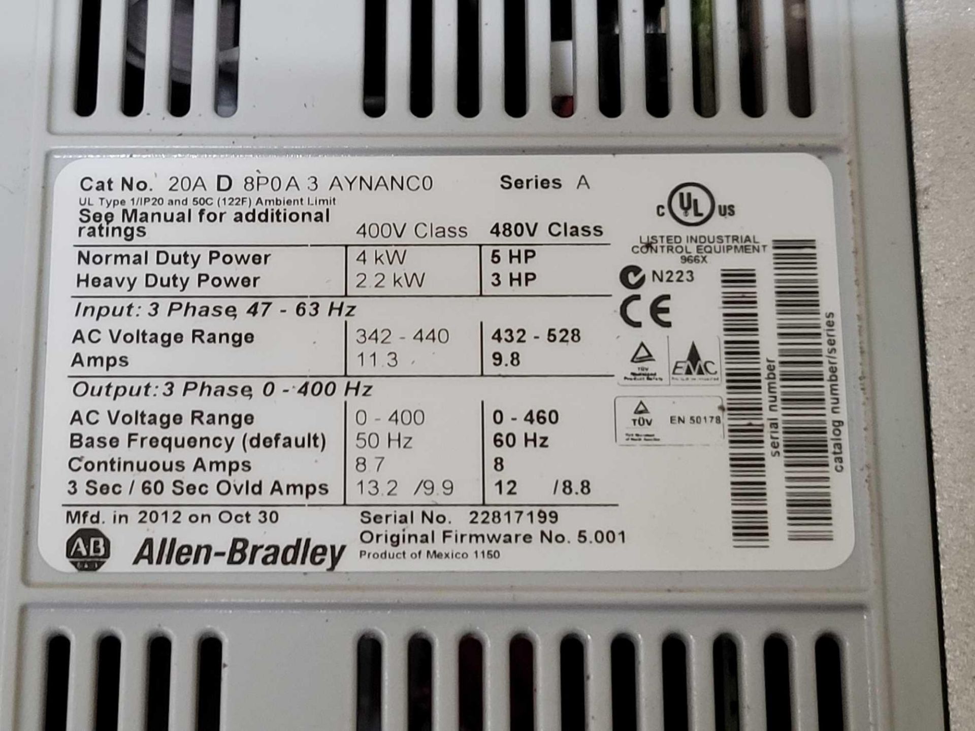 ALLEN BRADLEY 20AD8P0A3AYNANC0 /A PowerFlex 70 AC DRIVE - Bild 2 aus 3