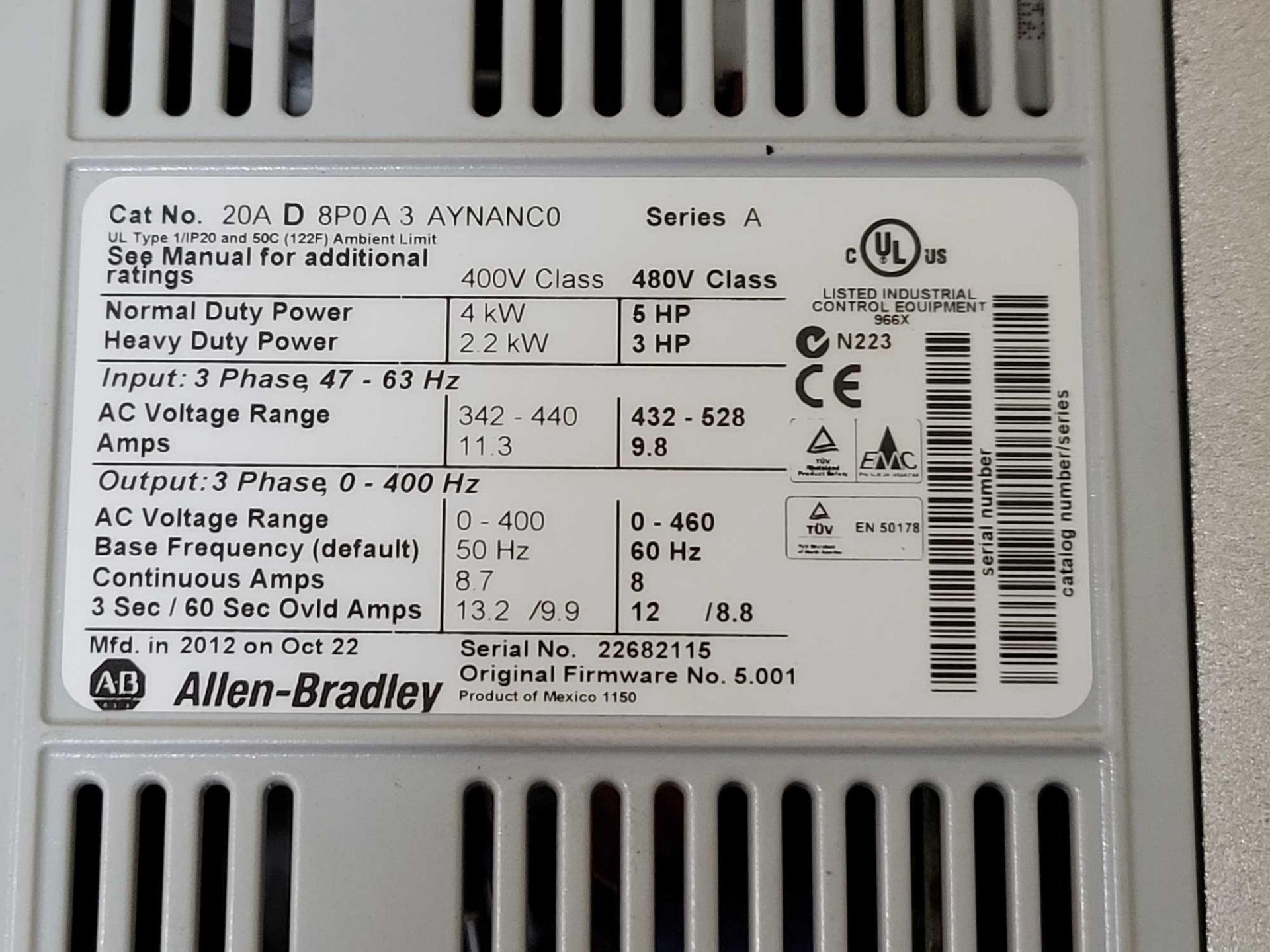 ALLEN BRADLEY 20AD8P0A3AYNANC0 /A PowerFlex 70 AC DRIVE - Image 2 of 3