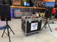 PA SYSTEM WITH CABLES AND OTHER ACCESSORIES ALL PACKED IN A WHEELED FLIGHT CASE *PLUS VAT*