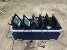 10 x UV FLOOD LIGHTS, 50 WATT, WITH STANDS, PACKED IN A WHEELED FLIGHT CASE *PLUS VAT*