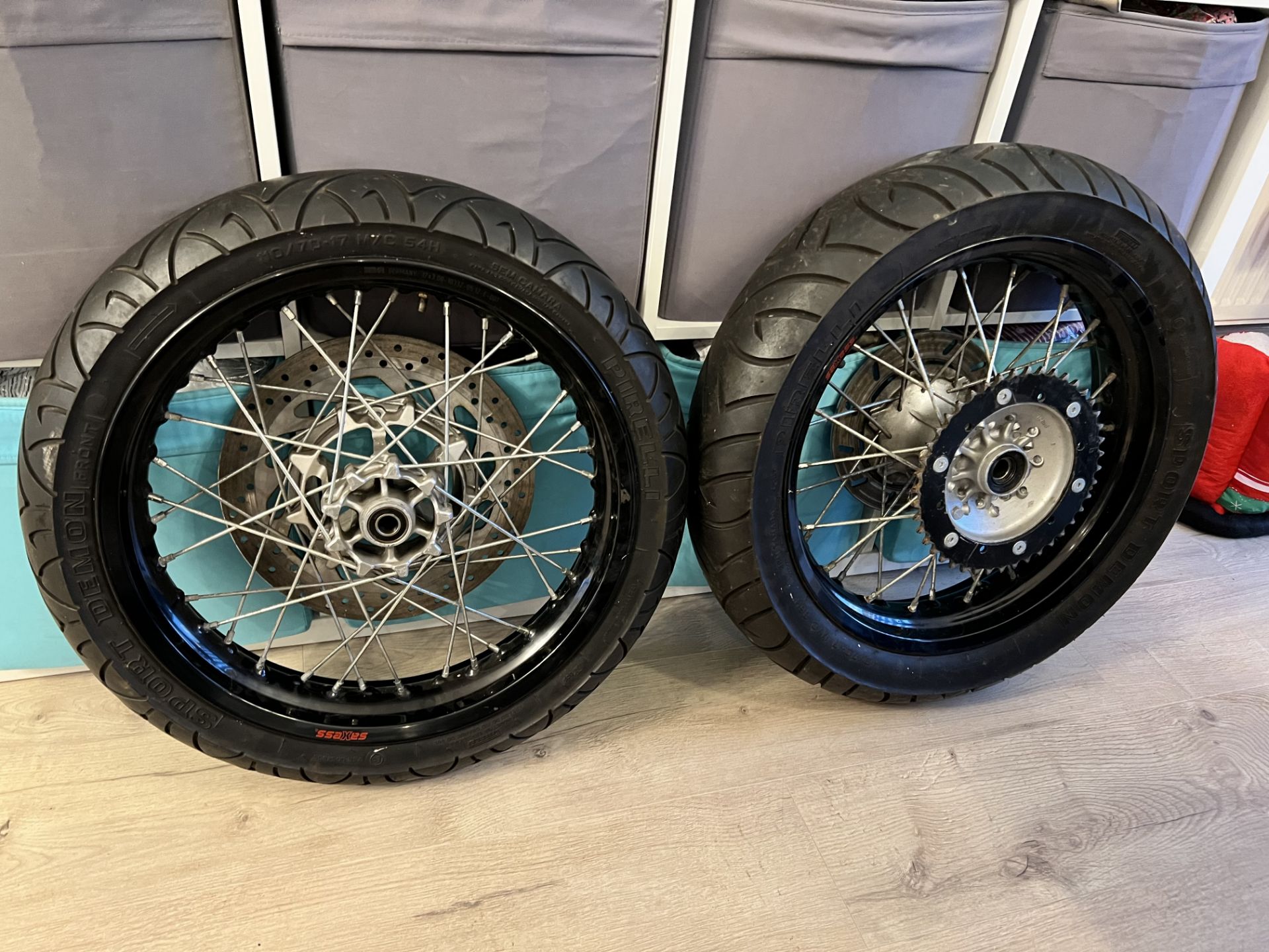 Super moto wheels, Yamaha wr125x wheels with new Pirelli tires ready to run *NO VAT*