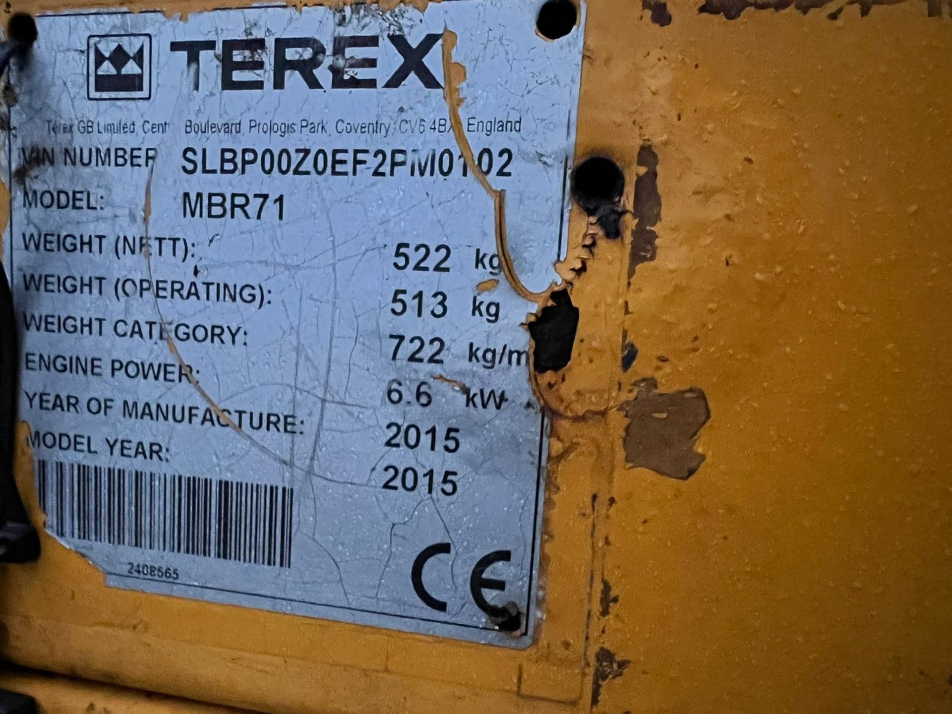 2015 TEREX MBR71 F/R DIESEL PEDESTRIAN SINGLE DRUM VIBRATING ROLLER, UNTESTED *PLUS VAT* - Image 10 of 11