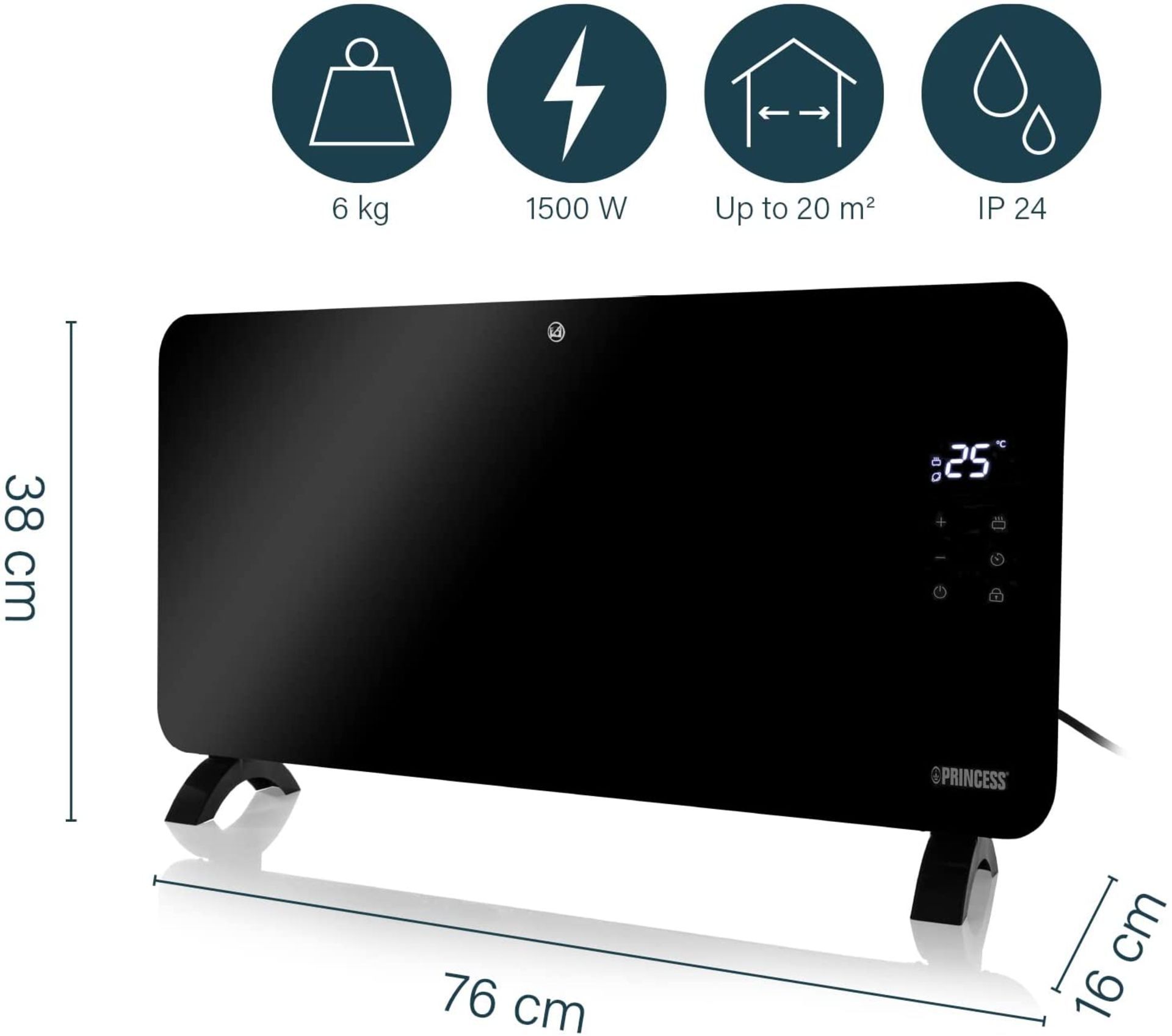 Princess Glass Smart Panel Heater, 1500 W, Black, Smart Control and App, Works with Alexa *NO VAT* - Image 2 of 8