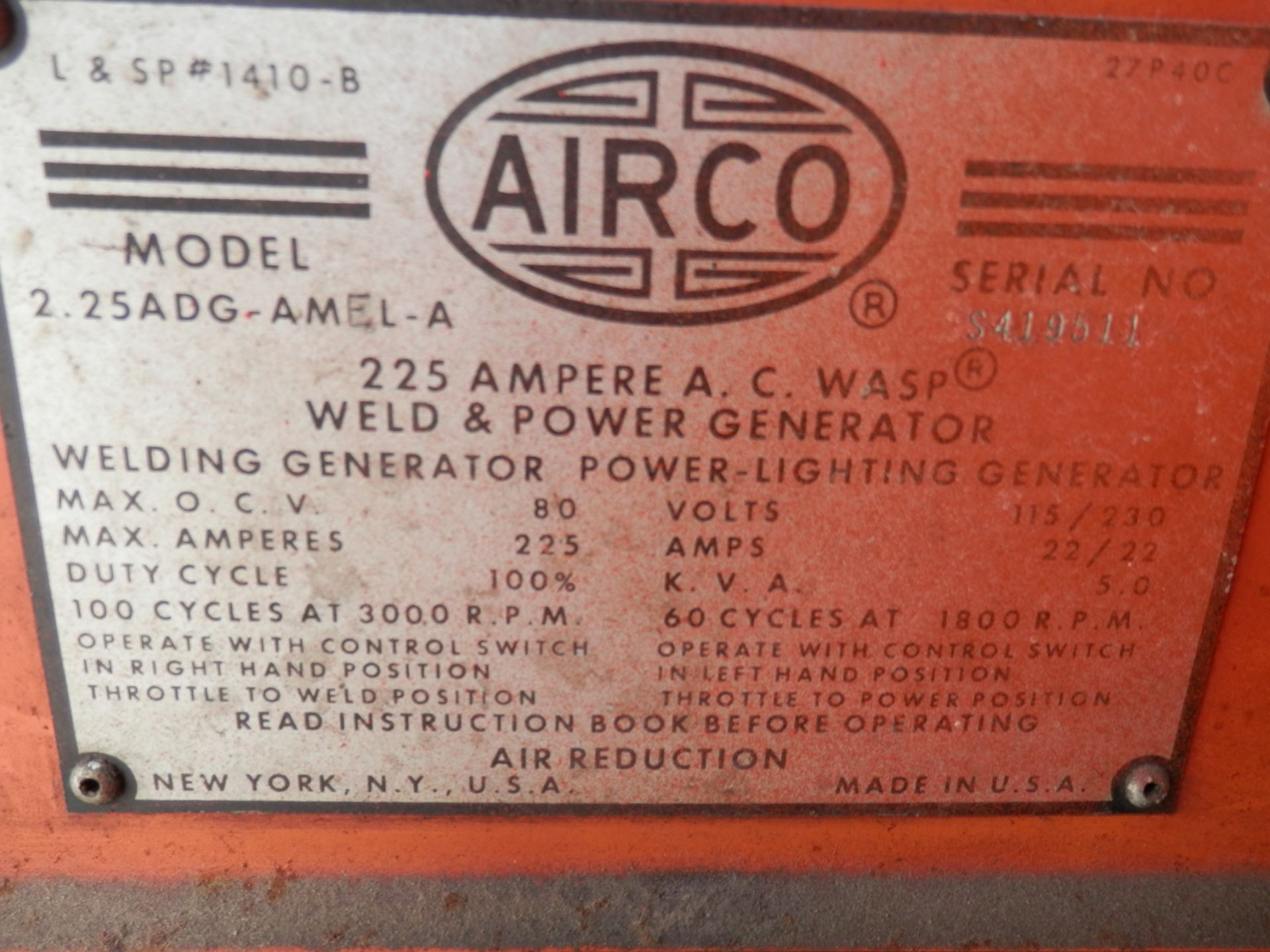 AIR CO MDL 2-25 ADG AME 1-A 250 Amp AC Welder/Generator - Image 4 of 9