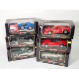 Six boxed Burago 1/18 scale Models including Bugatti Type59, Bugatti EB110, Jaguar 'E' Cabriolet,