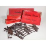 Three boxes of boxed and unboxed Hornby 0 gauge clockwork Track including Straights, Curves, Points,