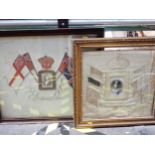 Two Photos of WWI servicemen in needlework surrounds, a framed Decorations and Medals Poster and