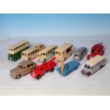 Nine unboxed Dinky Toys including streamline Coach, Observatory Coach, Fire Tender, Vanguard, N.C.B.