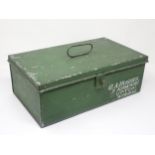 A vintage green painted metal Tackle Box with owner's painted details 1ft 2 1/2in W x 5in H