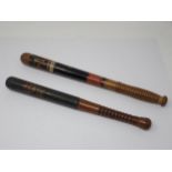 Two 19th Century painted wooden Policeman's Truncheons with indistinct marks