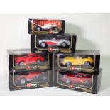 Five boxed Burago 1/18 scale Model Vehicles including a Mercedes-Benz SSK and Porsche 356B Coupe and