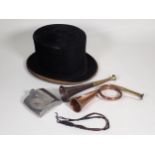 A black felt Hunting Top Hat, brass and copper Hunting Horn, copper Hunting Horn and a Hip Flask