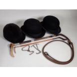 An antler handled Hunting Whip by Swaine, a child's Hunting Whip, a Locke & Co. black Bowler Hat,