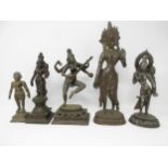 A Tibetan type bronze Figure playing stringed instrument and four other standing Figures, 6-12in