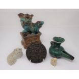 A Chinese pottery Dog of Fo and ball on plinth, 7in high A/F, a small ceramic recumbent Dog of Fo, 3