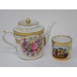 A French porcelain cylindrical Teapot with painted panels of flowers, yellow and gilt line