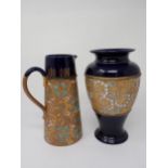 A Doulton Slaters baluster Vase and matching tapering Jug with floral incised designs in gilt, 8½