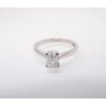 A Diamond single stone Ring corner claw-set emerald-cut stone, 0.79cts, in platinum, ring size L 1/