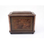 A burr wood and brass inlaid scent bottle Box the lined interior containing three plated mounted