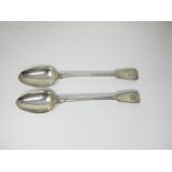 A pair of early Victorian silver Basting Spoons, fiddle and thread pattern, engraved crests,