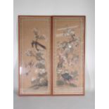 A pair of Oriental silk Pictures decorated various birds on a floral branch with a decorative border