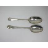 Two George II silver bottom marked Table Spoons, Hanoverian pattern, engraved initials M.T. 1759 and