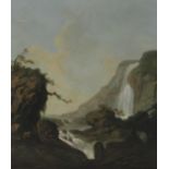 CIRCLE OF JACOB MORE (1740-1793) An extensive landscape with figures near a waterfall, oil on