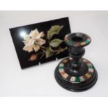 A Pietra Dura Plaque of a rose, 6 3/4in x 4 3/4in and a Pietra Dura Candlestick 4 1/2in