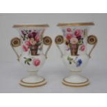 A pair of two handled Vases painted flowers in a basket, pink roses and tulips, scroll handles, in