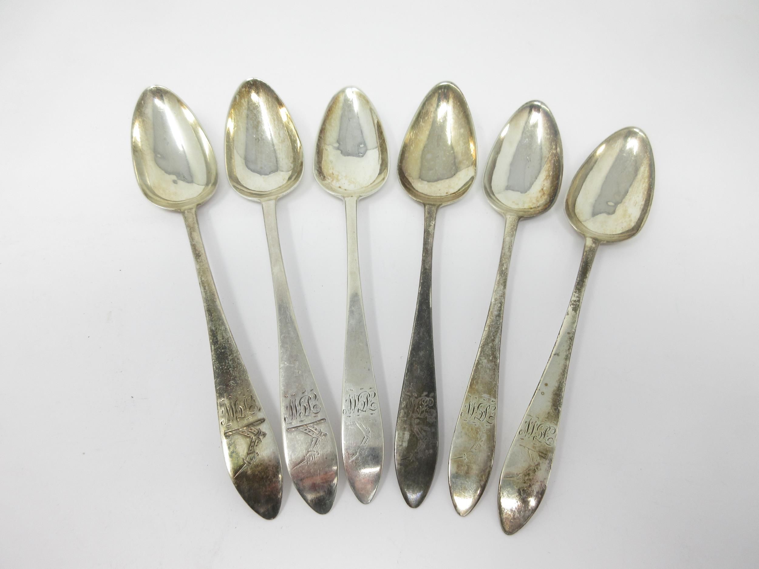 Six George III Irish silver Dessert Spoons, old English pattern engraved crest and initials,
