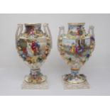 A pair of Dresden pedestal two handled Vases, painted classical fiigures and floral sprays