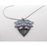 An Art Nouveau enamel Dragonfly Pendant set two blister pearls, approx 36mm wide, on snake link